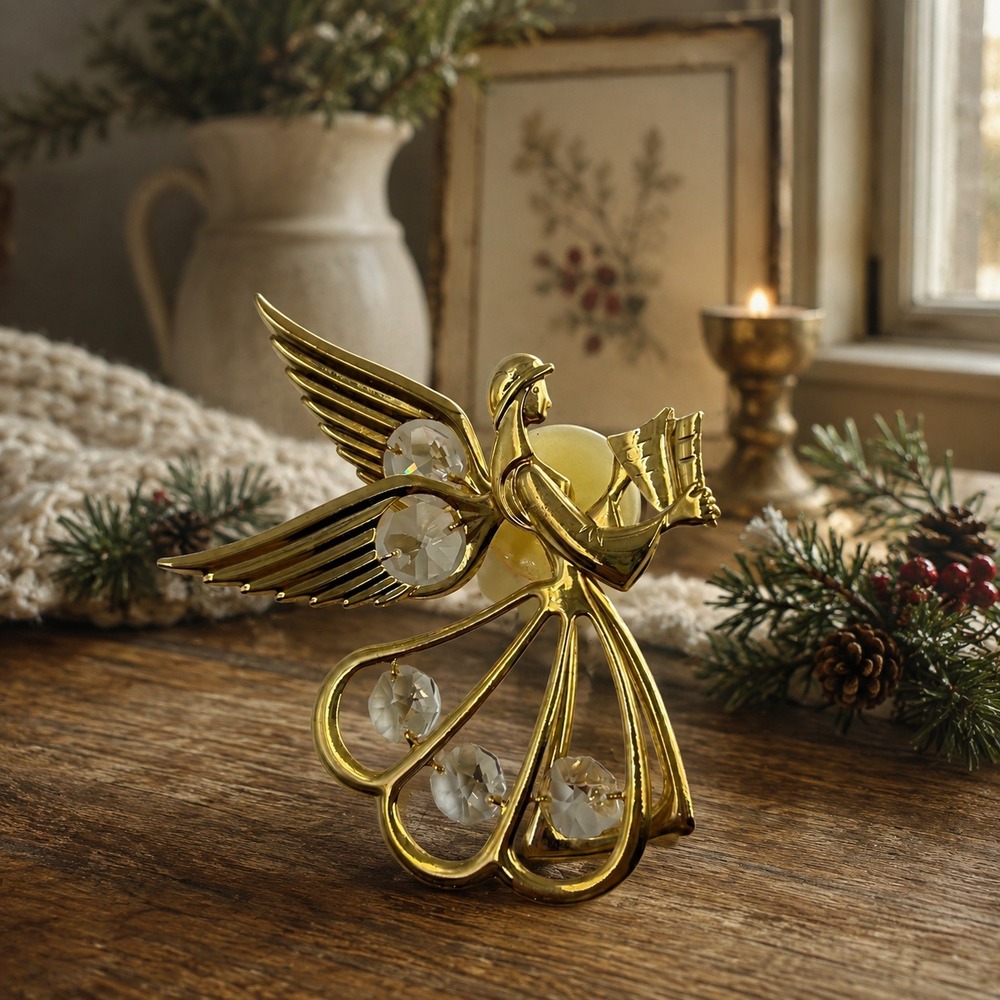 Vintage 1995 Mascot Gold Tone Angel Napkin Ring Crystal Accents Holiday Decor 4"